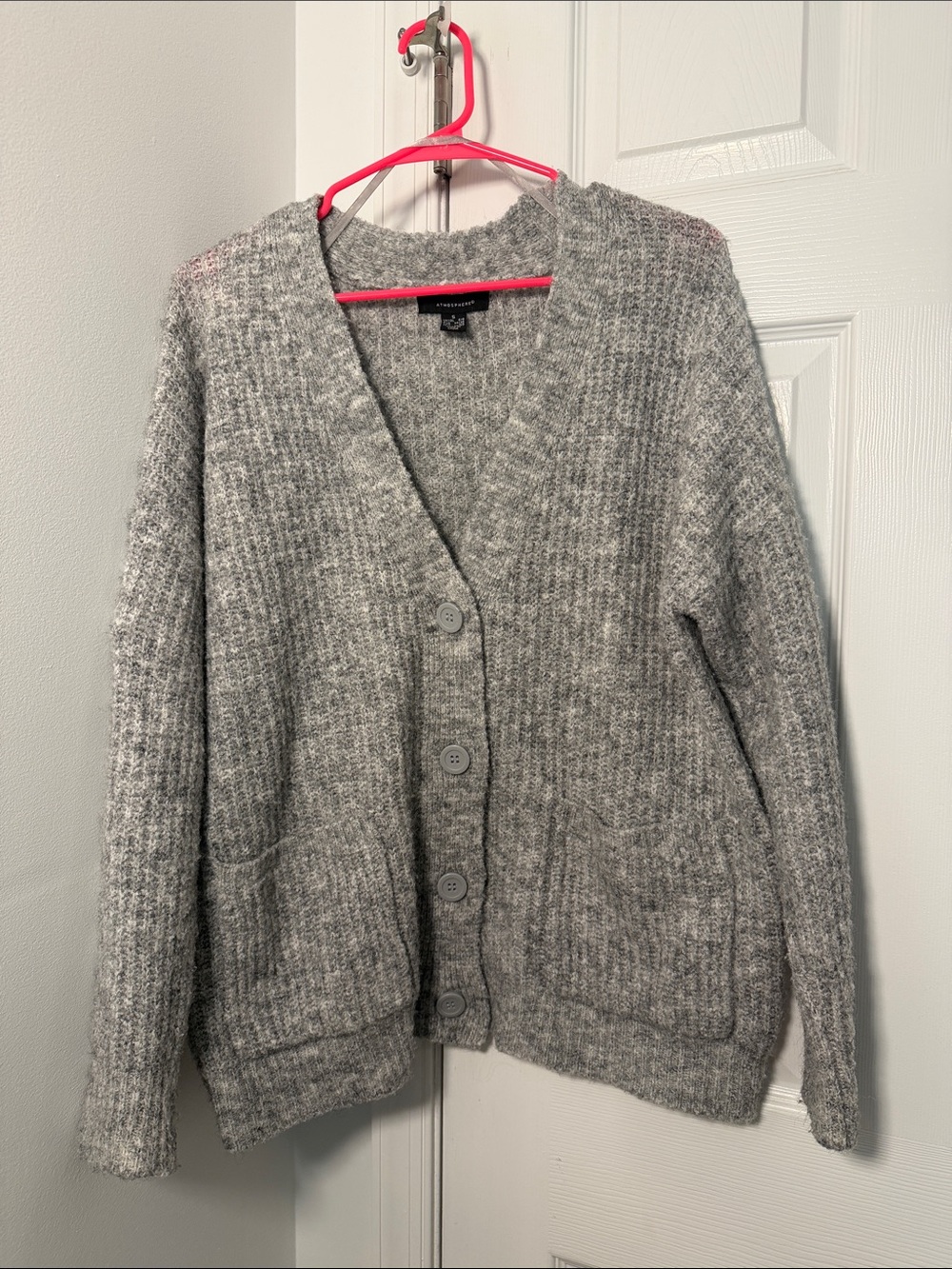 Atmosphere Gray Button Front V-Neck Knit Oversized Cardigan